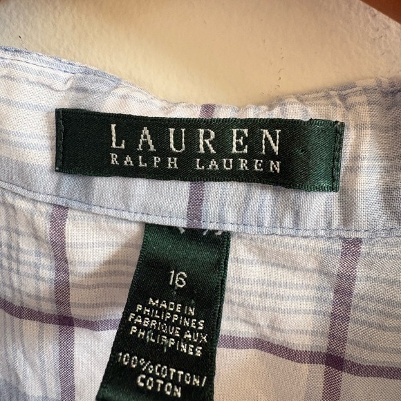Lauren Ralph Lauren Blue Plaid Button Front Ruffled Shirt Women's Size  16 - Picture 4 of 4